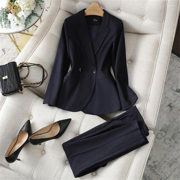 Calças femininas de duas peças vintage formal calça define 2023 azul escuro feminino blazer jaqueta calças ternos senhora do escritório negócios trabalho wear 2