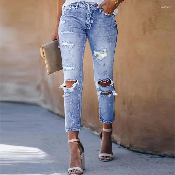 Jeans da donna Autunno Inverno Donna Vintage Skinny tinta unita Streetwear Pantaloni a matita Sexy strappati per pantaloni in denim 2023