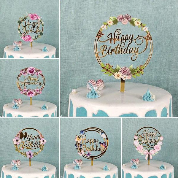 Kuchenwerkzeuge Blumen Dekoration Hochzeitstorten Dessert Dekor Topper Alles Gute zum Geburtstag Gold Partyeinsatz Acryl