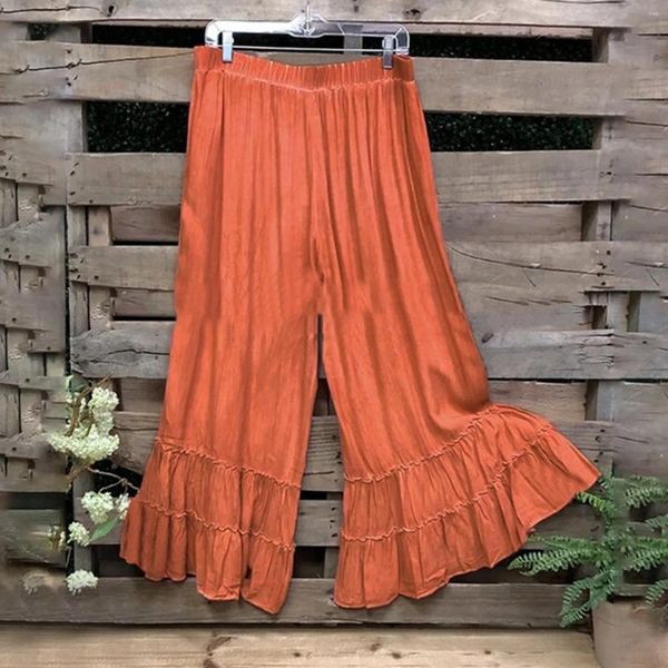 Damenhose, Damen, Bohemian-Stil, Freizeit, Urlaub, Strand, Herbst und Sommer, lässig, lockere elastische Taille, Patchwork, Rüschenbeinhose