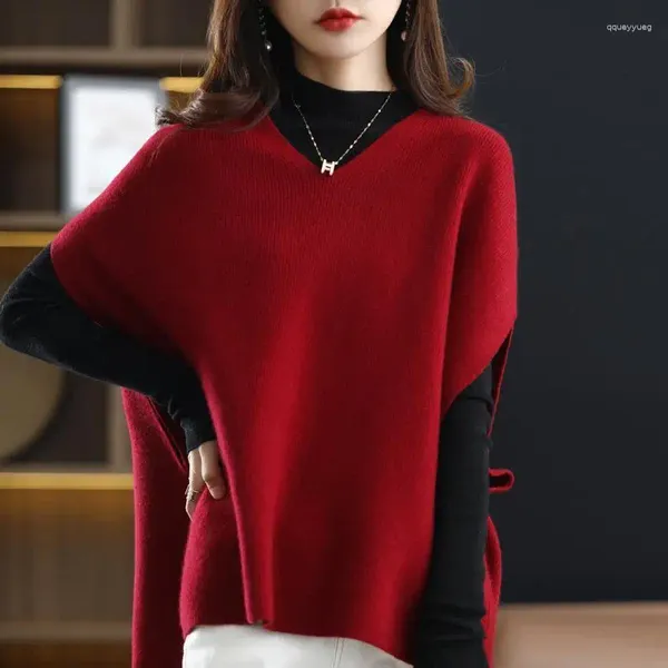Женские свитера, вязаный жилет, весенне-осенний свитер свободного стиля, майка с рукавами «летучая мышь», вязаный v-образный вырез