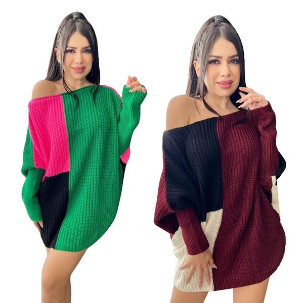 Seksi kadın patchwork elbise bayanlar kış uzun kollu jumper üstler moda kızlar örgü büyük boylu süveter rahat gevşek jumperlar mini elbiseler