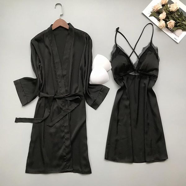 Kadınların Pijama Giyim Nightwear Siyah Satin Dantel Kimono Batrobe Elbise Kadın Seksi 2pcs Nightyrobe Suit Homewear Homewear Casual Nightgown