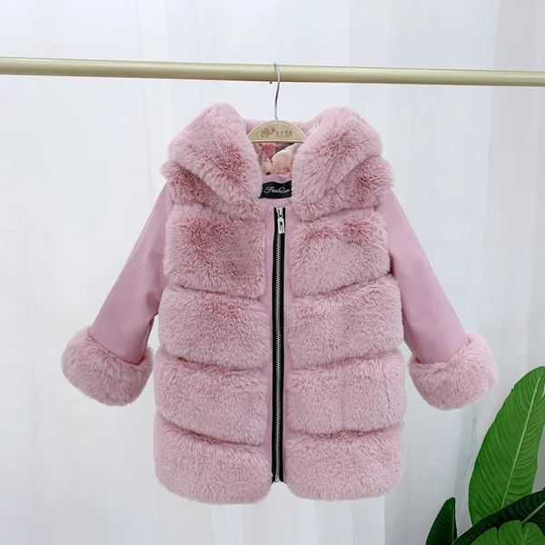 Mantel 2023 Herbst Baby Mädchen Winter Kleidung Baumwolle Koreanische Unisex Kaninchen Haar Mit Kapuze Nachahmung Pelz Kurze Warme Einfarbig Einfache 231107