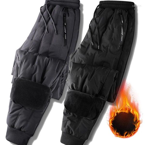 Calças masculinas 5xl plus size homens inverno para baixo algodão pato cintura alta grossa calças quentes ao ar livre caminhadas calça impermeável