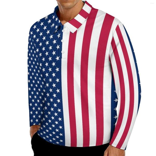 Erkek Polos Amerikan Bayrak Polo Gömlek Sonbahar Stripes Yıldızlar Sıradan Gömlek Uzun Kollu Yatak Sokak Giyim Deseni Büyük Boy Tişörtleri