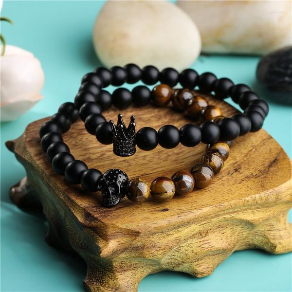 Strand uomo nero satinato corda onice giallo occhio di tigre pietra Buddha perline micro set zirconi corona braccialetto teschio regalo