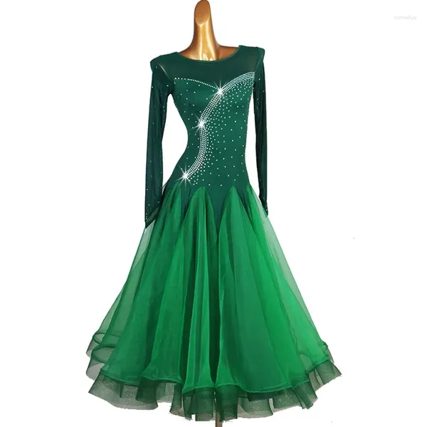 Bühnenkleidung 2023 Grüne Farbe Kleid Spitze Ärmel Damen Moderne Kleidung Tango Walzer Tanz Lange Elegante Party Wettbewerb Kostüm