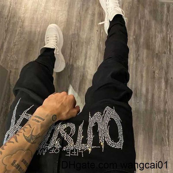 Jeans masculinos New Men Men Black Skinny Jeans Motorcyc Street Trendy All-Match Cosy High Caist Rhinestones avançada Pontas de jeapis de lápis 0407H23