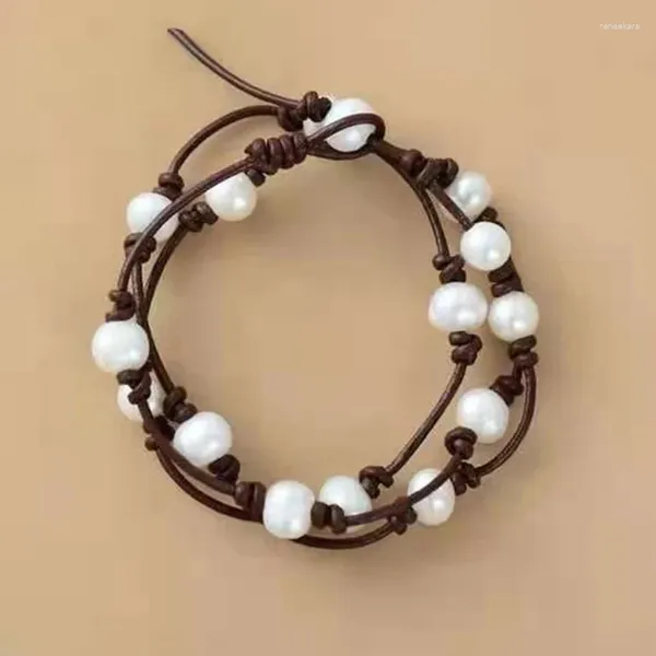 Link pulseiras na moda pérola cordão de couro para mulheres atada corda envoltório pulseira artesanal pérolas naturais boho jóias