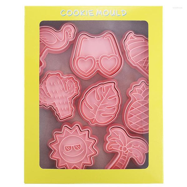 Moldes de cozimento 8pcs Hawaiian Cookie Cutter Mold Plástico Flamingo Pineapple Folha Fondant Biscoit Mold Birthday Birthday Party Decoration