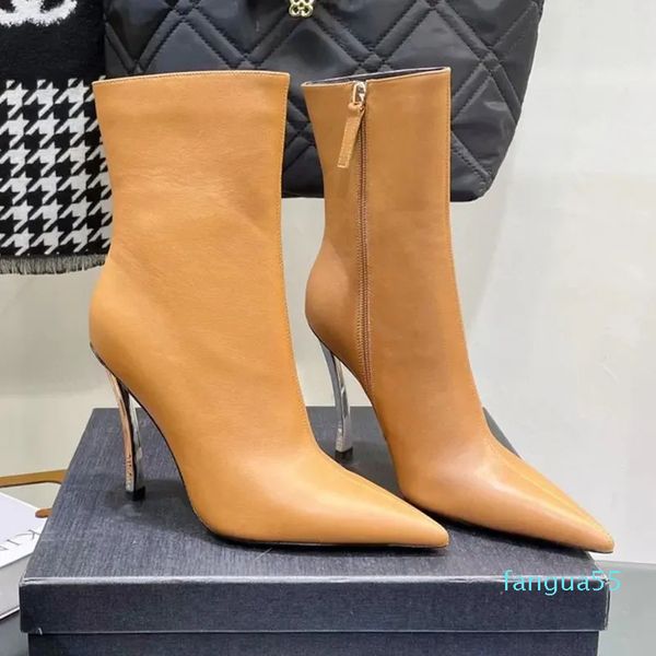 2023-Lambskin couro tornozelo Chelsea botas moda zip meia bota apontou toe stiletto salto botas clássicos designers de luxo sapatos para mulheres