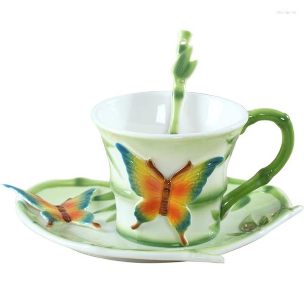 Tazze Piattini Farfalla Smalto Porcellana Caffè Tè Tazza E Piattino Cucchiaio Decorazione Ceramica Bicchieri Acqua San Valentino Regalo Amico