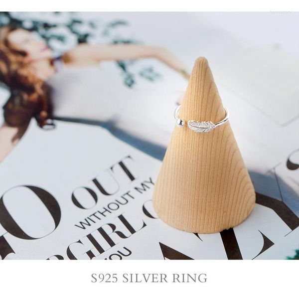 Anéis de cluster reais. 925 anel de folha de prata esterlina /anel de penas de pássaro ajustável 925-Sterling-Silver Jóias GTLJ1057
