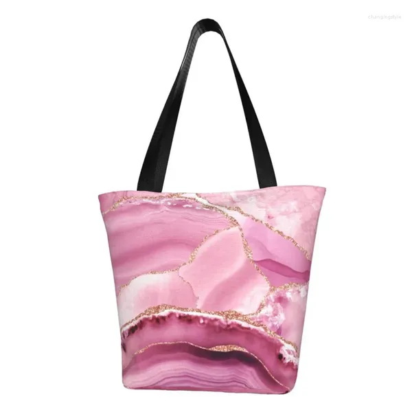 Einkaufstaschen, rosa und goldfarbene Marmor-Einkaufstasche, elegante moderne abstrakte Edelstein-Schultertasche aus Segeltuch mit großem Fassungsvermögen