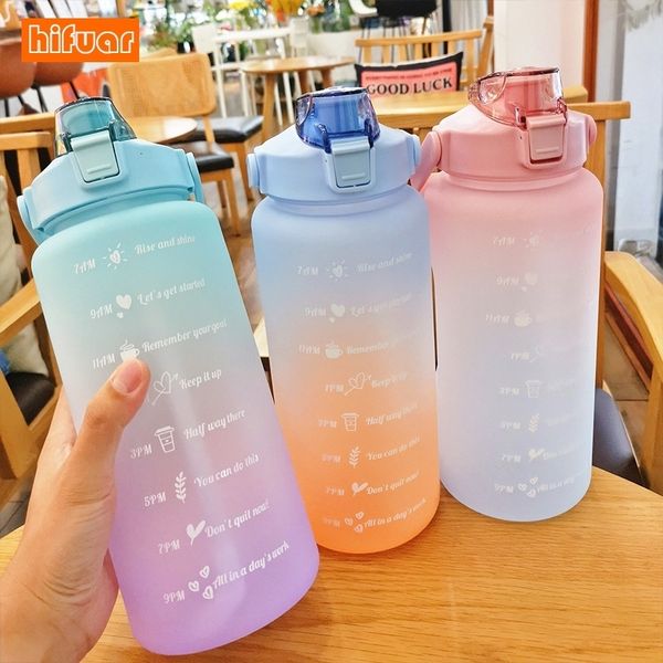 Wasserflaschen 2-Liter-Wasserflasche mit großem Fassungsvermögen, Strohhalm-Aufkleber und Zeitmarkierung für Outdoor-Sport und Fitness 230407