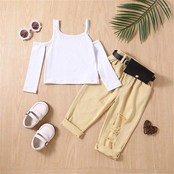 Conjuntos de roupas 1-6Y Kids Girl Fall Outfits Branco Manga Longa Frio Ombro Camisetas Cintura Elástica Calças Rasgadas Bolsa Cinto 3 Pcs Conjunto de Roupas