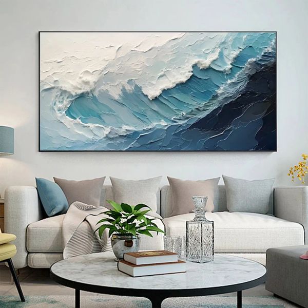 Dipinto a olio con vista sul mare delle onde dell'oceano su tela, grande immagine di astrazione artistica da parete, immagine personalizzata di pittura del mare per la decorazione natalizia