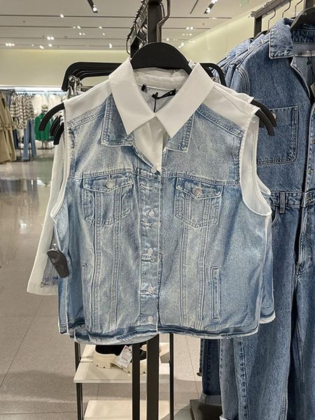 Kadın bluzları Bazaleas düğmesi gömlekler ve kadınlar için moda mavi denim baskı gömlek kolsuz saten mahsul üst bluz