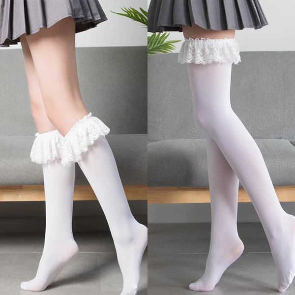 5 calzini sexy per PC JK calzini da donna pizzo carino nero bianco velluto Lolita calzini lunghi sexy calzini alti al ginocchio Kawaii Cosplay Anime calze di nylon con volant Z0407