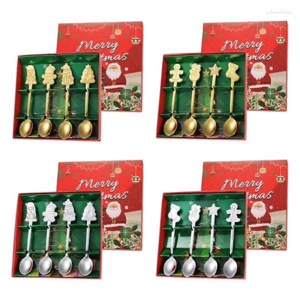 Set di stoviglie Romanzo Confezione regalo cucchiaio di Natale Stoviglie in acciaio inossidabile Cartoon Pan di zenzero Uomo Caffè Colore Scoop 4 pezzi / set