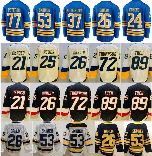 Buz hokeyi 53 Jeff Skinner formaları 26 Rasmus Dahlin Casey Mittelstadt Tage Thompson Alex Tuch Jj Petherka Dylan Cozens Kyle Okposo Luukkonen Kraliyet Kraliyet Siyah Alternatif Erkekler