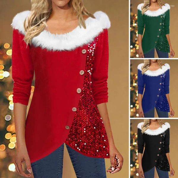 Blusas femininas Regular Fit Mulheres Top Ano Elegante Natal Botão Lantejoulas Decoração Cor Correspondência Grosso Solto para Outono