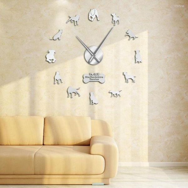 Relógios de parede American Dog raça decorativa 3D Relógio DIY Staffordshire Terrier Fashion Home com Números de Espelho Adesivos