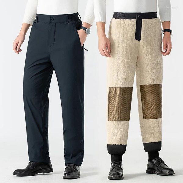 Calças masculinas outono inverno aquecido joelho guardas à prova de vento cordeiro velo esportes casual pelúcia engrossado quente versátil calças