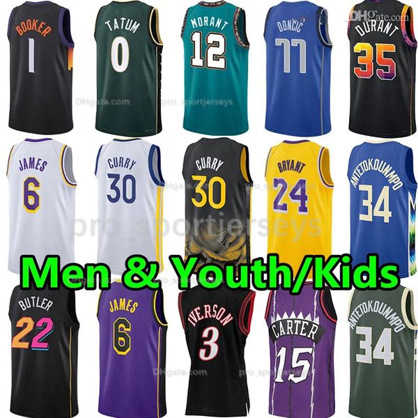 Jerse de basquete para crianças homens Stephen Curry James Giannis Antetokounmpo Devin Booker Kevin Durant Jayson Tatum Ja Morant Bryant Luka Cidade adulta Jersey