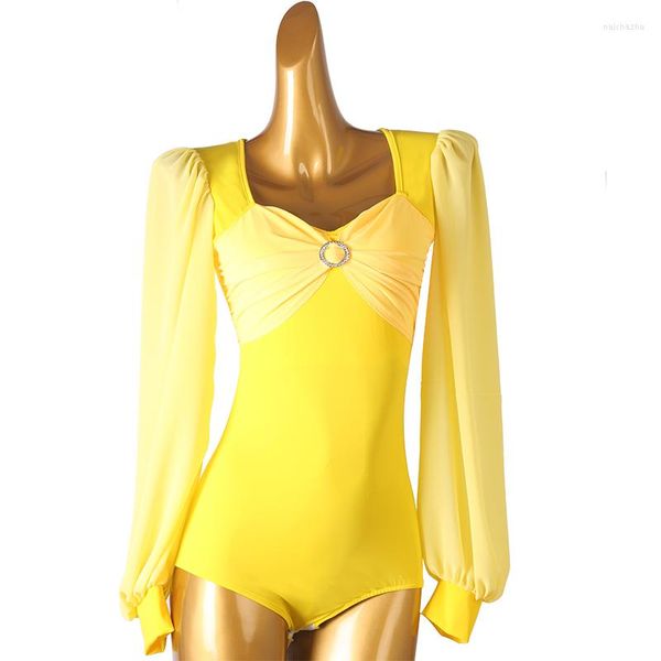 Stage desgaste S130 Amarelo Feminino Latin Dance Dress Women Women Bodysuit dance Tops Desempenho de salão da barriga