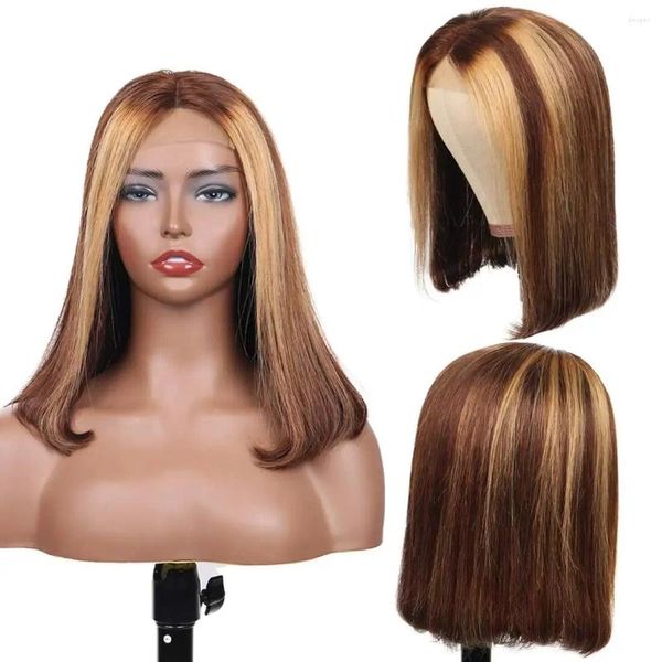 Bob curto destaque 4/27 cor marrom ombre remy cabelo pré-arrancado renda suíça reta