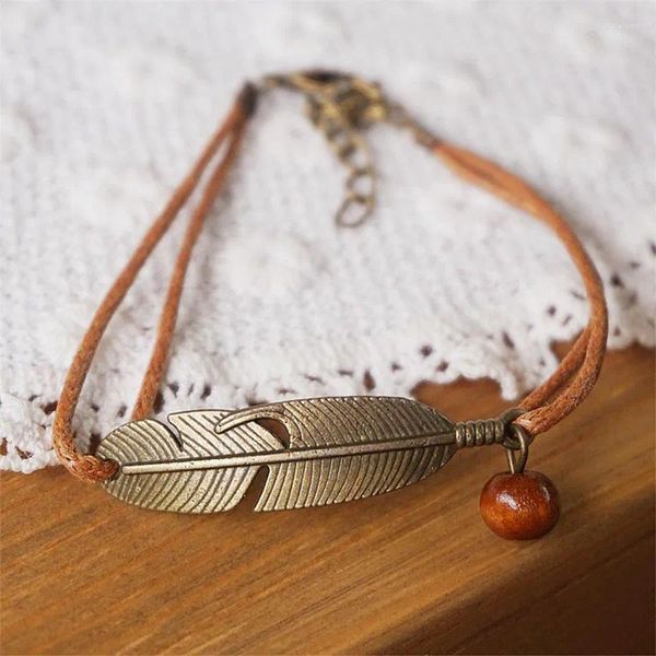 Charme Armbänder Retro Mode Persönlichkeit Bronze Feder Holz Perle Leder Seil Armband Für Frauen Schmuck Geschenke