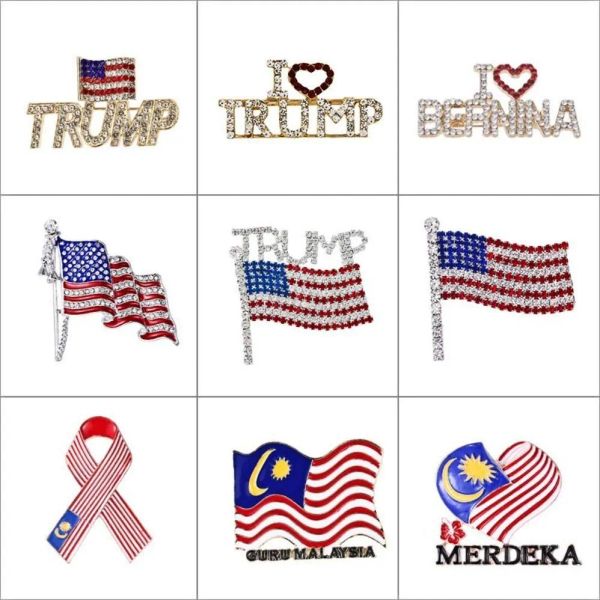 Artes e artesanato 2024 Bling Diamond Trump Broche Americano Patriótico Republicano Campanha Pin Comemorativo Distintivo Comemorativo 1107