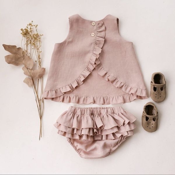 Комплекты одежды 2pcs Summer Vintage Baby наряды девочка мягкое хлопковое льняное костюм Todder детское рукавочное блуз