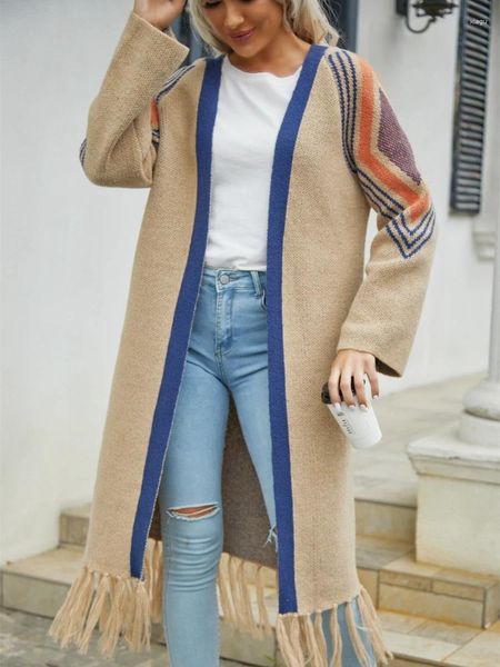 Женские вязаные модные женские свитера 2024, осень-зима, длинный вязаный кардиган с кисточками для пальто, одежда, топы с рукавами