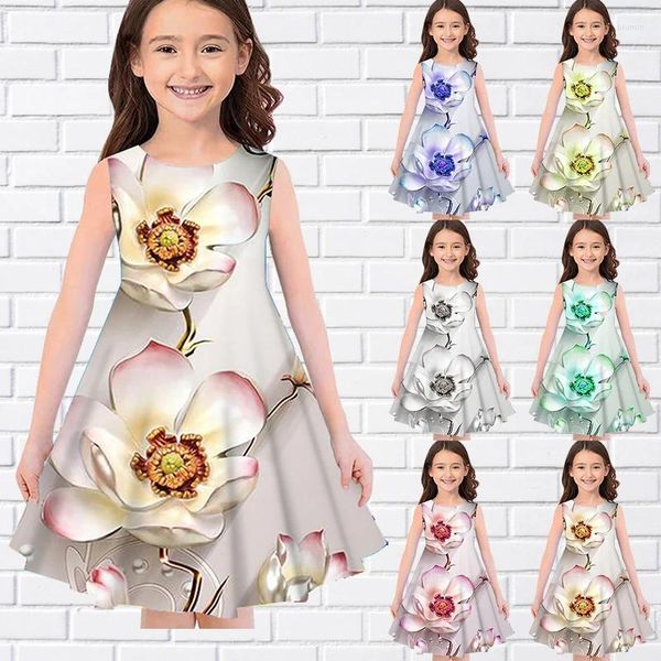 Mädchen Kleider Pfirsichblüte 3D gedruckt Sommer ärmelloses Kleid lässig O-Ausschnitt lange Mode Mädchen für Eid Kinder