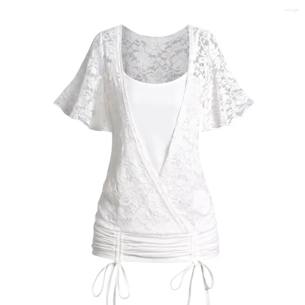 Mulheres camisetas Branco Lace Cinched Overlay Manga Curta Mulheres Top Plain Color Flutter Casual Faux Twinset