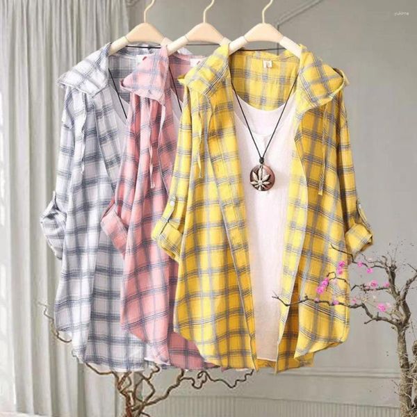 Blusas femininas mulheres cardigan proteção solar camisa protetor solar pele-toque verão aberto frente xadrez impresso anti-encolhimento