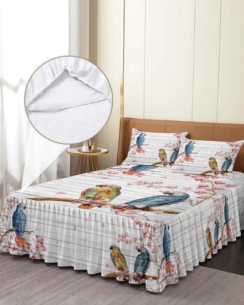Saia de cama papagaio flores placa de madeira elástica colcha com fronhas capa de colchão conjunto de cama folha