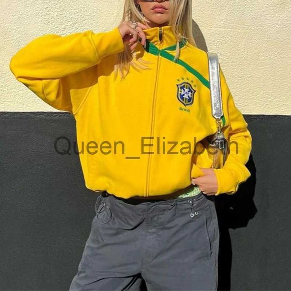 Damen Hoodies Sweatshirts Vintage Brasilien Jacke Buchstaben Stickerei Zip Up Hoodies Y2K Grunge Mantel Ästhetische Slim Sweatshirts 2000er Retro Grafik Pullover J231107