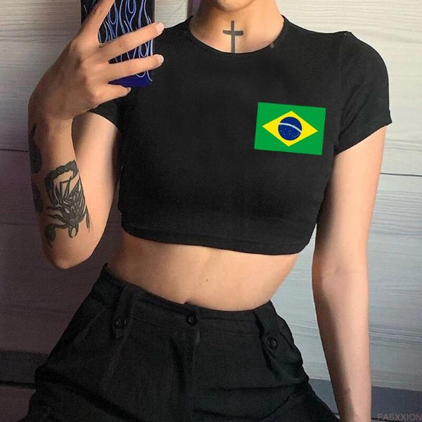 Damen-T-Shirts Brasilien-Flagge Streetwear Cyber Y2k Hippie Crop Top Girl Cute 90s Aesthetic Tee Clothes