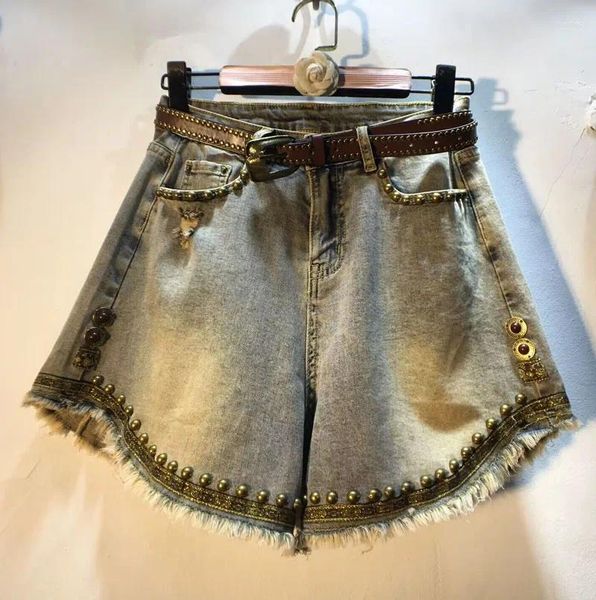 Jeans femininos estação europeia 2023 verão mulheres all-match cintura alta a-line shorts rebite tassel solto perna larga denim cinto