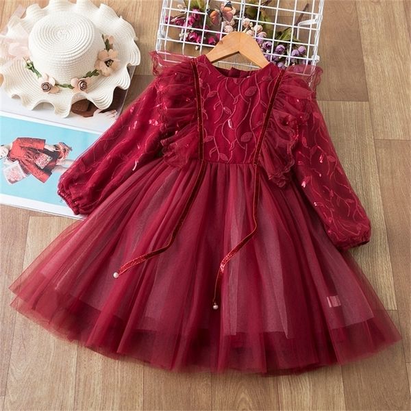 Abiti da ragazza Abito autunnale a maniche lunghe da bambina rosso retro festa di compleanno abbigliamento floreale con paillettes per bambini Gilet in tulle per l'anno di Natale 230407