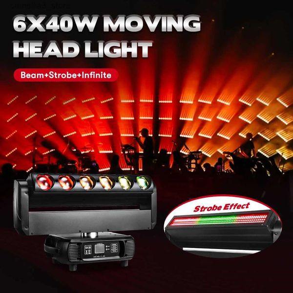 Moving Head Lights MOKA SFX 6x40w Feixe Strobe Moving Head Stage Iluminação Profissional 96pcs 7070 Contas de lâmpada Strobe para DJ Disco Show Q231107