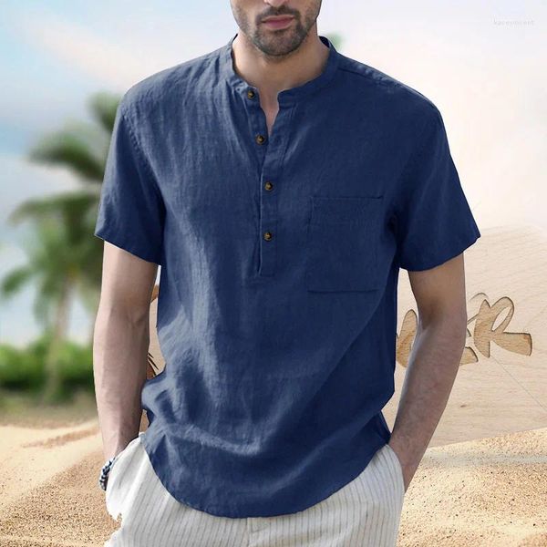 Мужские классические рубашки, повседневные мужские хлопковые и льняные рубашки Henley для пляжа, йоги, летние однотонные топы с короткими рукавами, гавайские для мужчин, размер США