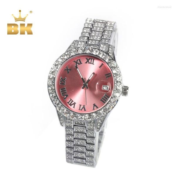 Armbanduhren BLING KING Damenuhr Babyrosa Zifferblatt Iced Out Quarzuhr Luxus Strass Wasserdicht Handgelenk Kleine Größe Für FrauenWristw