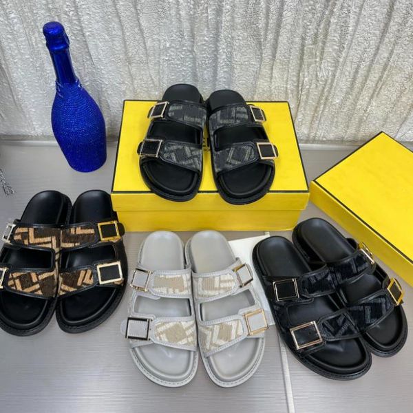 Sandálias de luxo femininas, masculinas, chinelos, verão, conforto, couro de bezerro, slides, tecido branco, sandálias padrão F, chinelos com fivela dourada