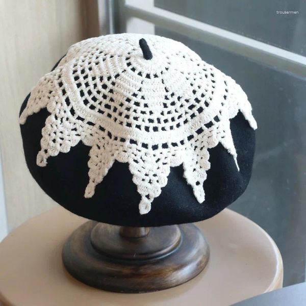 Berets Retro Handmade Lace Crochet Lã Boina Chapéus para Mulheres Outono e Inverno Quente Japonês Mori Elegante Lolita Pintor Caps Gorras