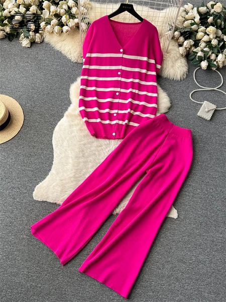 Calças femininas de duas peças singiny conjuntos de malha solta listrado sem mangas cardigan cintura elástica perna larga longo moda outwear terno de inverno